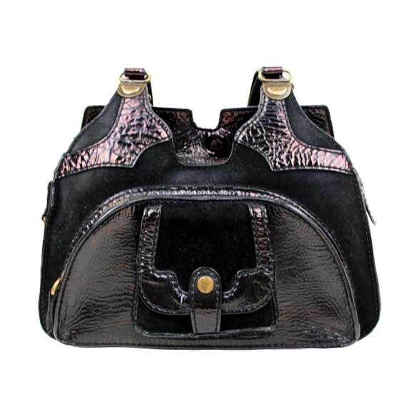 BICA CHEIA BLACK CRINKLED GENUINE LEATHER SUEDE TOTE SHOULDER BAG HANDBAG PURSE - Picture 1 of 10